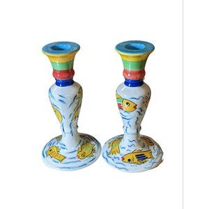 Strata Group Les Tropiques Fish Hand Painted 8" Candle Stick Holders SET Chipped